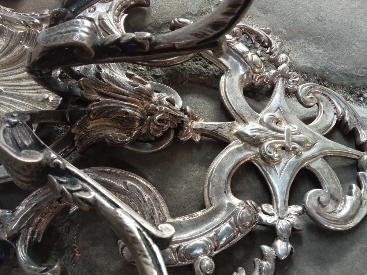grandes appliques en bronze argenté à trois bras de lumière style Régence, fleurs de lys, 19e-photo-6