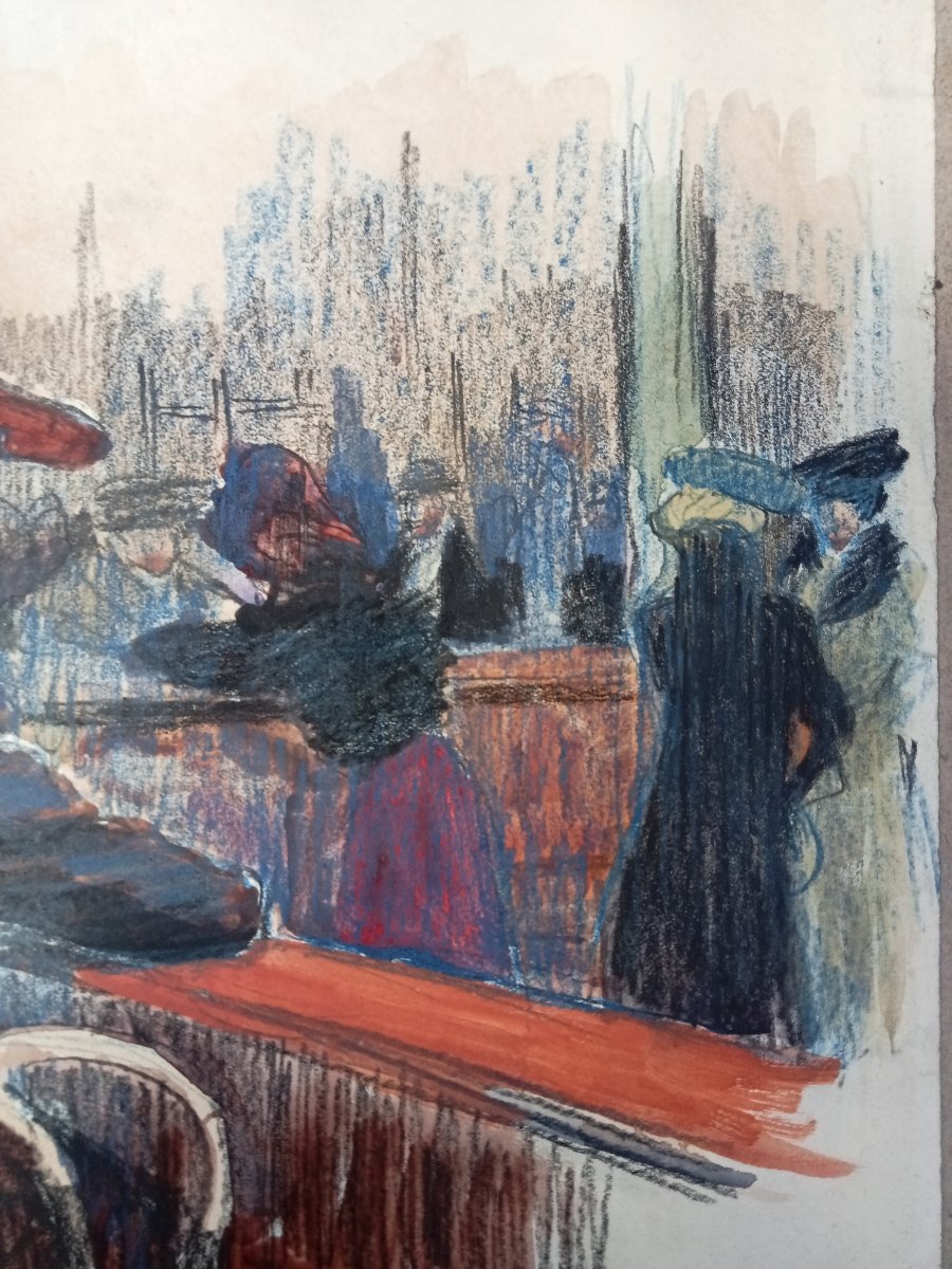 "elegant Women In A Parisian Café," Drawing, Mixed Media, By Edmond Lempereur, 19th Century, Belle époque-photo-4