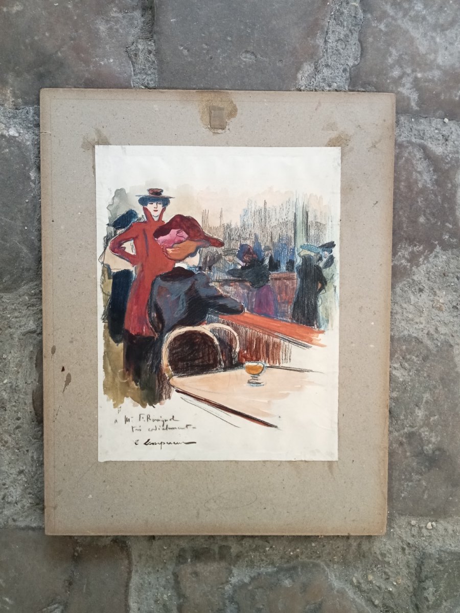 "elegant Women In A Parisian Café," Drawing, Mixed Media, By Edmond Lempereur, 19th Century, Belle époque-photo-2