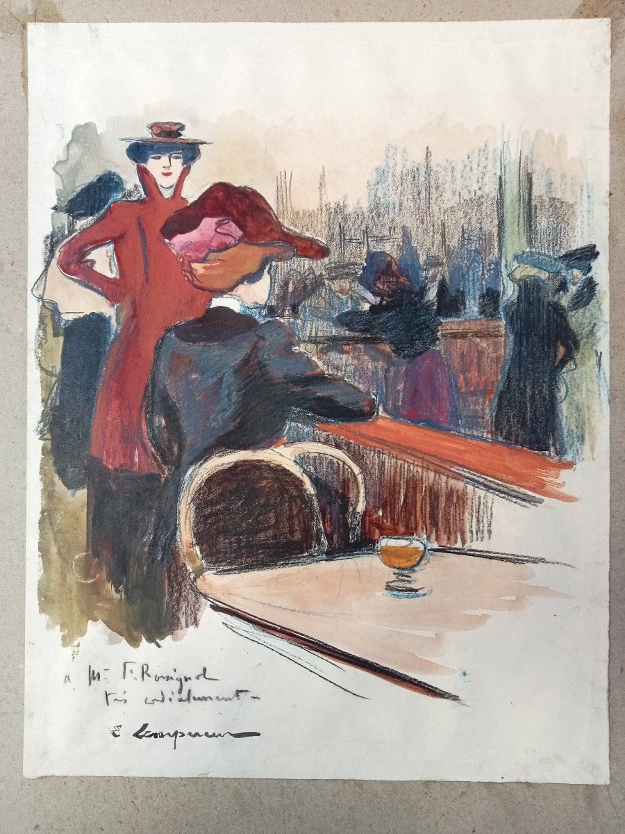 "elegant Women In A Parisian Café," Drawing, Mixed Media, By Edmond Lempereur, 19th Century, Belle époque