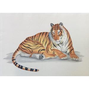 Watercolor Lying Tiger, Signed La Roche Laffitte, On Silk, 20th Century