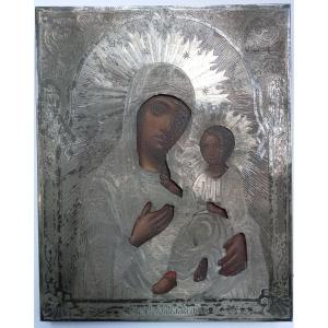 Icône Russe Vierge à l'Enfant De Kazan Et Sa Riza En Argent Poinçonnée, Russie 19e Sizaècle 