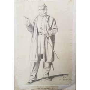 Drawing, Officer Study For The Painting "châlons Camp In 1866" Signed Eugène Bellangé, 19th