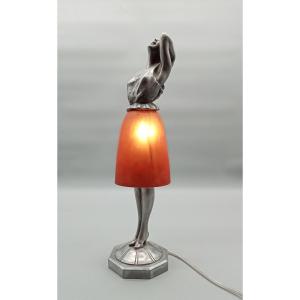 Desk Lamp, Dancer With Glass Paste Skirt Signed Schneider, Art Deco Circa 1920