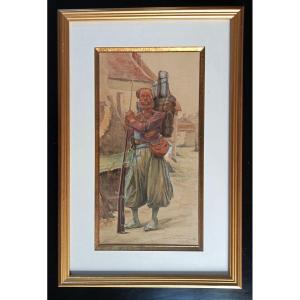 Soldier Of A Zouaves Regiment From The Second Empire, Napoleon III Watercolor Signed Marius Roy 19th