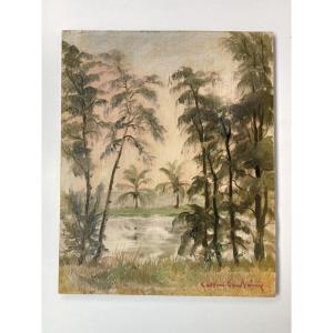 African Landscape, Oil On Wood Signed Gaston Fontaine (1907-1999), Orientalist Africanist 