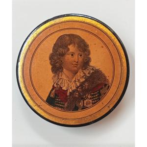 boite ronde tabatière, portrait du Roi de Rome, fils de Napoléon 1er, en carton verni, 19e