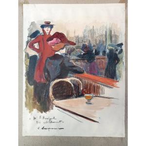 "Elegantes dans un café parisien" dessin, technique mixte Edmond LEMPEREUR, XIXe Belle Epoque