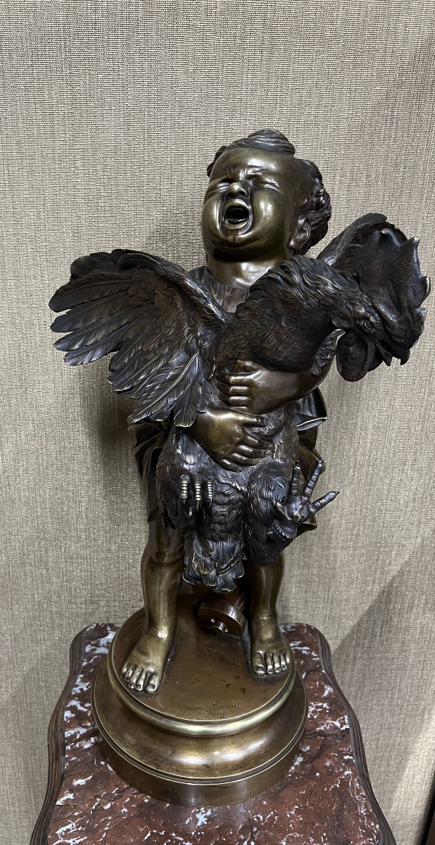 Sculpture en Bronze Enfant au coq Signé Cecioni  XIXe siécle 