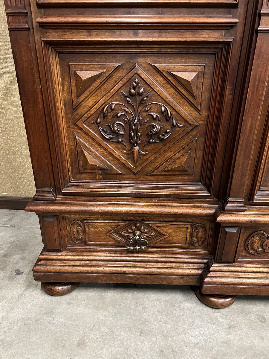 French Renaissance Bookcase In Solid Walnut With 4 Doors.-photo-2