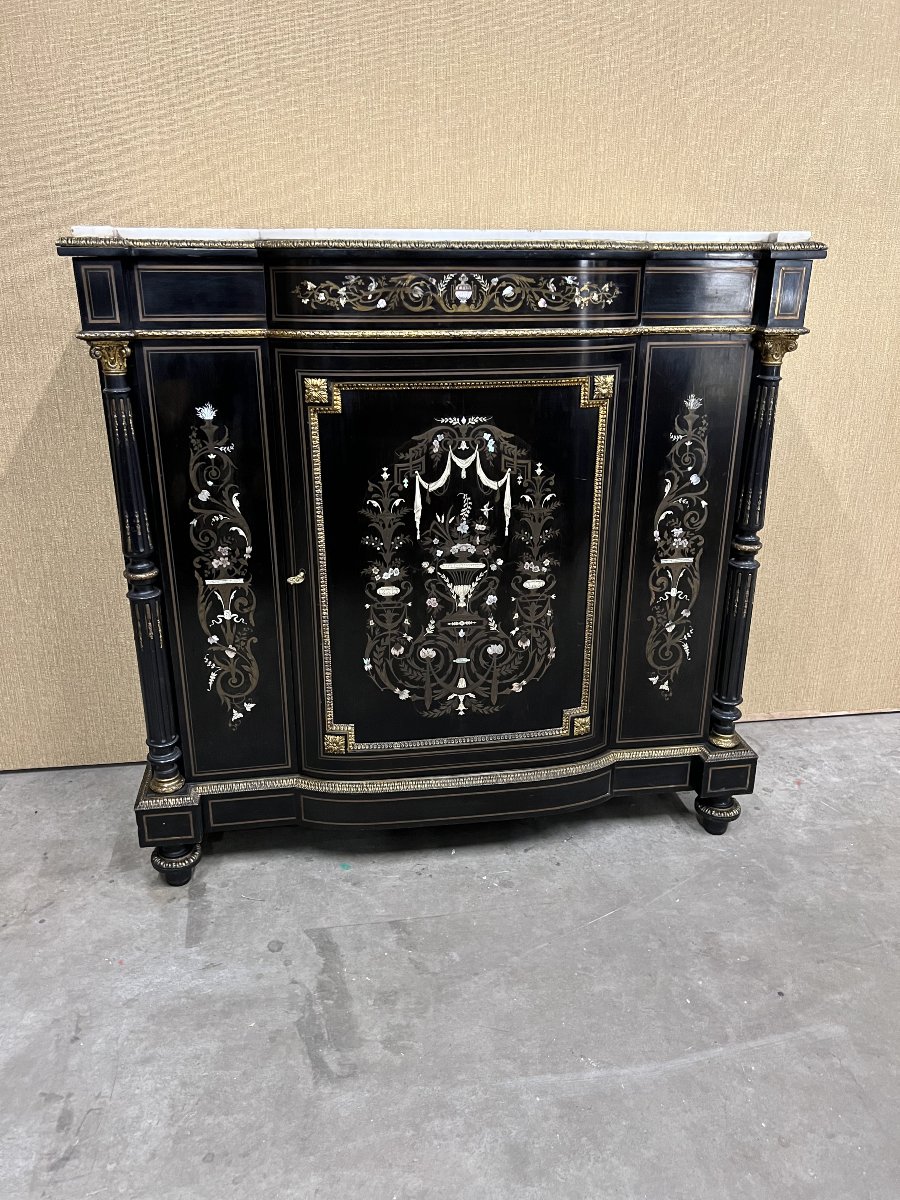 Napoleon III-style Piece Of Furniture Featuring Copper And Blackened Wood Marquetry.