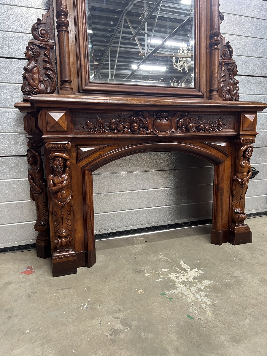 Antique Carved Walnut Fireplace With Mirror. Neo-renaissance/neo-baroque-photo-2