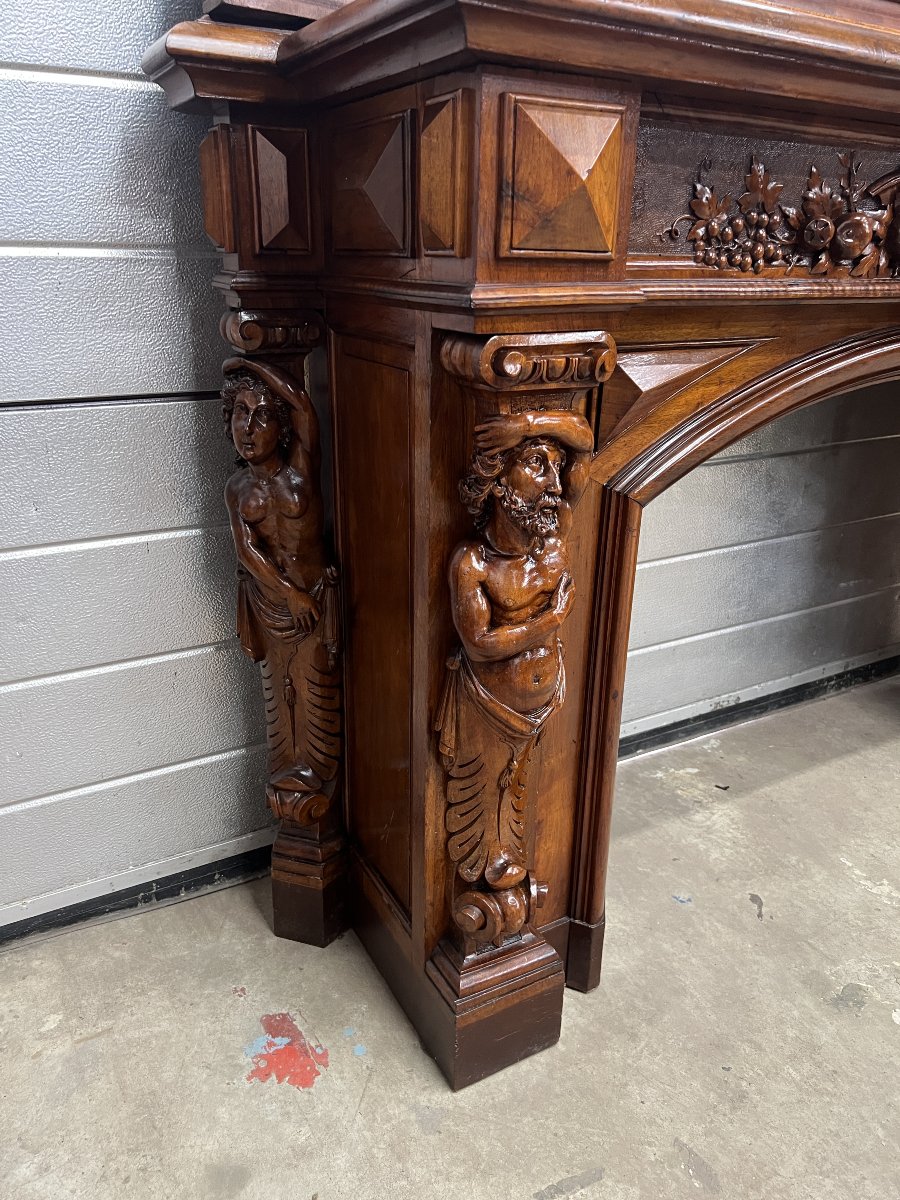 Antique Carved Walnut Fireplace With Mirror. Neo-renaissance/neo-baroque-photo-3