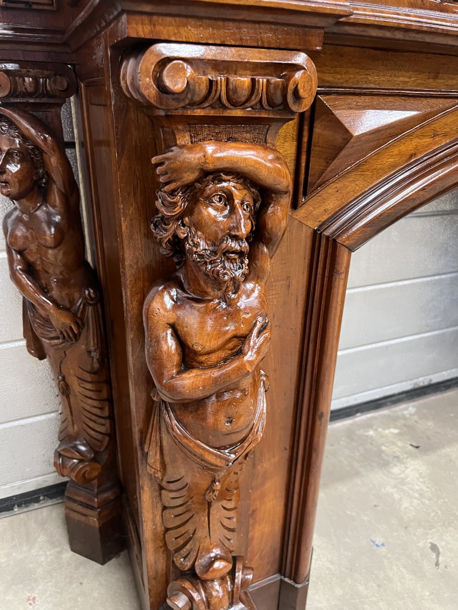 Antique Carved Walnut Fireplace With Mirror. Neo-renaissance/neo-baroque-photo-1