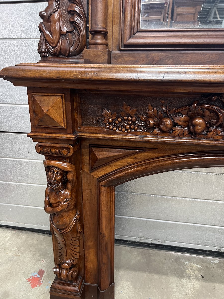 Antique Carved Walnut Fireplace With Mirror. Neo-renaissance/neo-baroque-photo-2