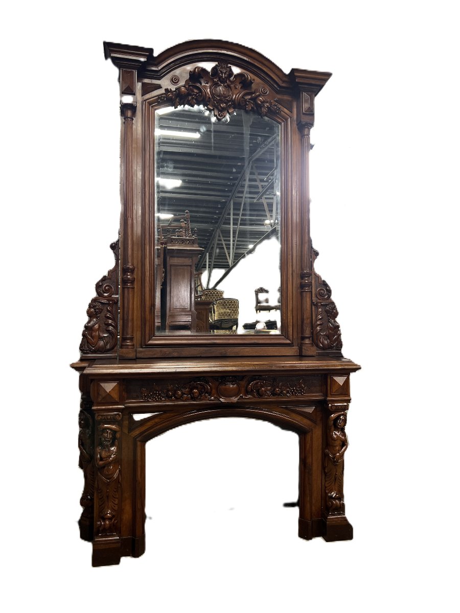 Antique Carved Walnut Fireplace With Mirror. Neo-renaissance/neo-baroque