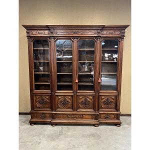 French Renaissance Bookcase In Solid Walnut With 4 Doors.