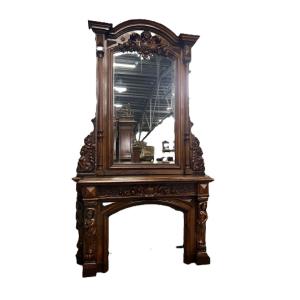 Antique Carved Walnut Fireplace With Mirror. Neo-renaissance/neo-baroque