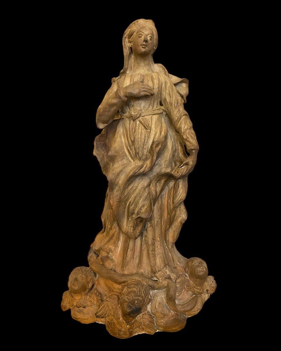 Sculpture En Terre Cuite Représentant La Vierge  Du XVIIIe Siècle-photo-1