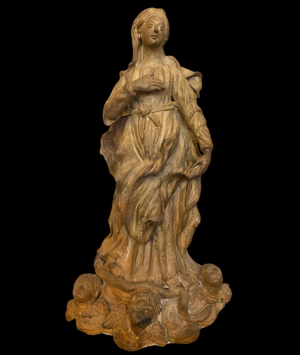 Sculpture En Terre Cuite Représentant La Vierge  Du XVIIIe Siècle