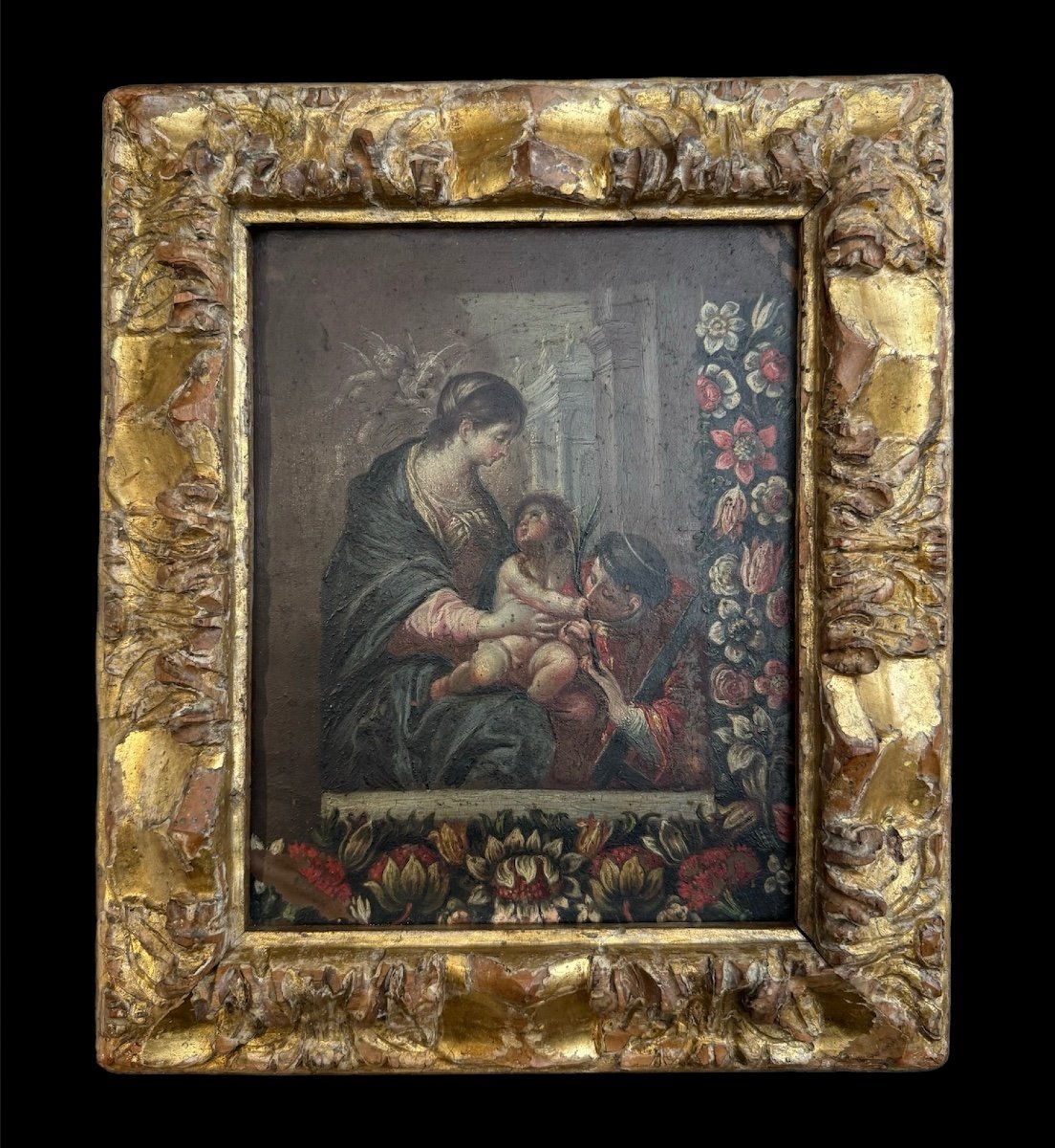 Peinture sur cuivre du XVIe siècle. représentant la Vierge à l'Enfant et San Lorenzo