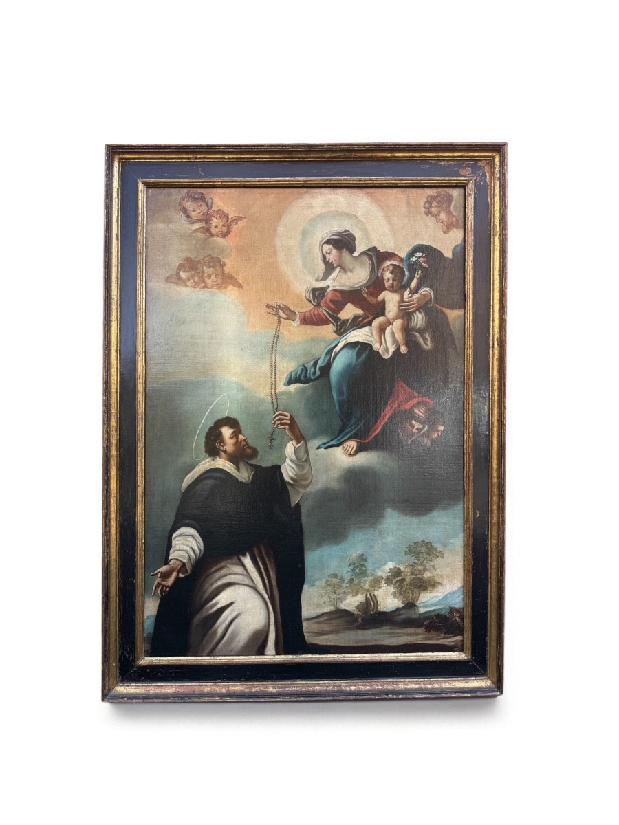 Remise du rosaire à Saint Dominique par la vierge Marie, Tableau Huile Sur Toile, XVIIIe