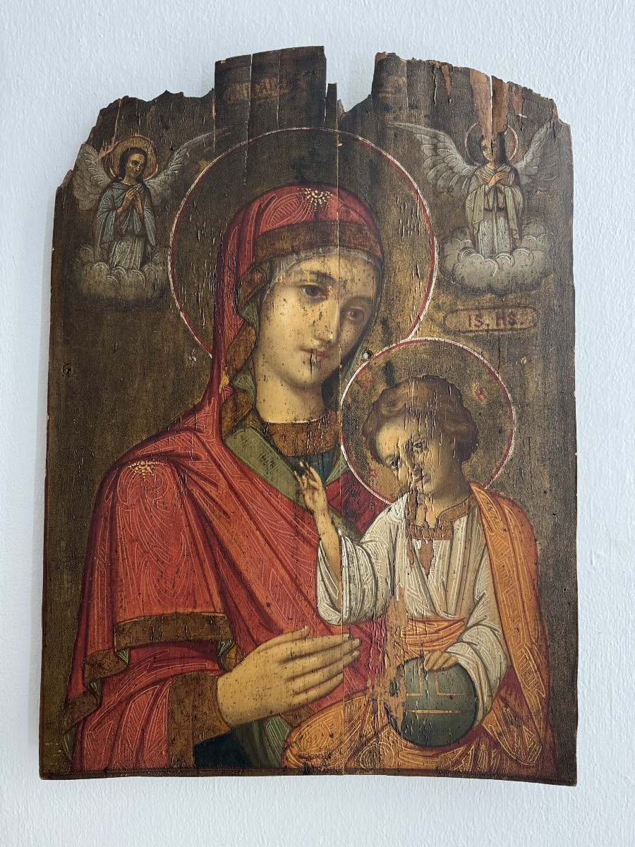 Huile sur panneau, Vierge à l’enfant sauveur du monde - Vénétie crétoise,  XVIIe-photo-5