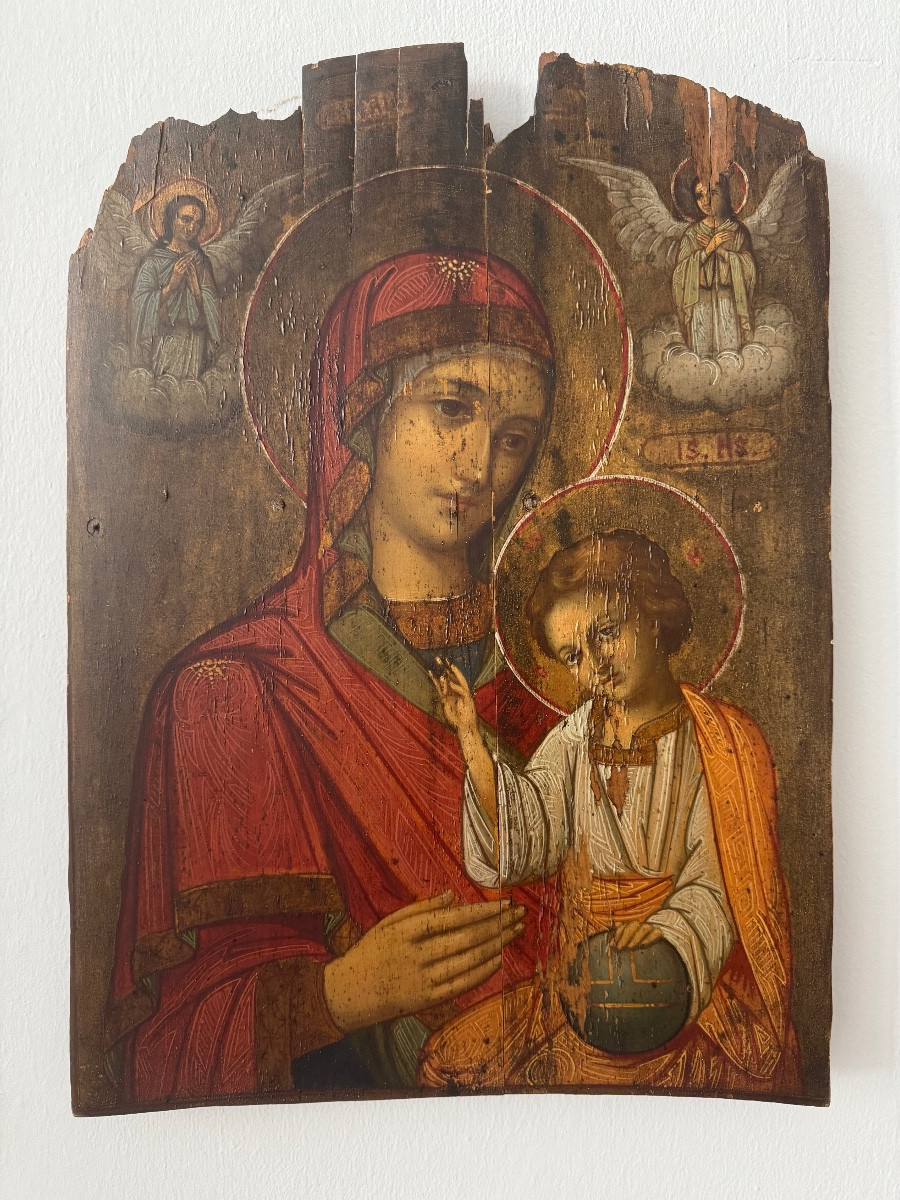 Oil On Wood, Virgin Of Kazan To The Savior Child Of The World - Venetian Crest, 17st
