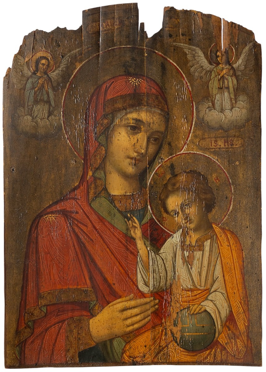 Oil On Wood, Virgin Of Kazan To The Savior Child Of The World - Venetian Crest, 17st