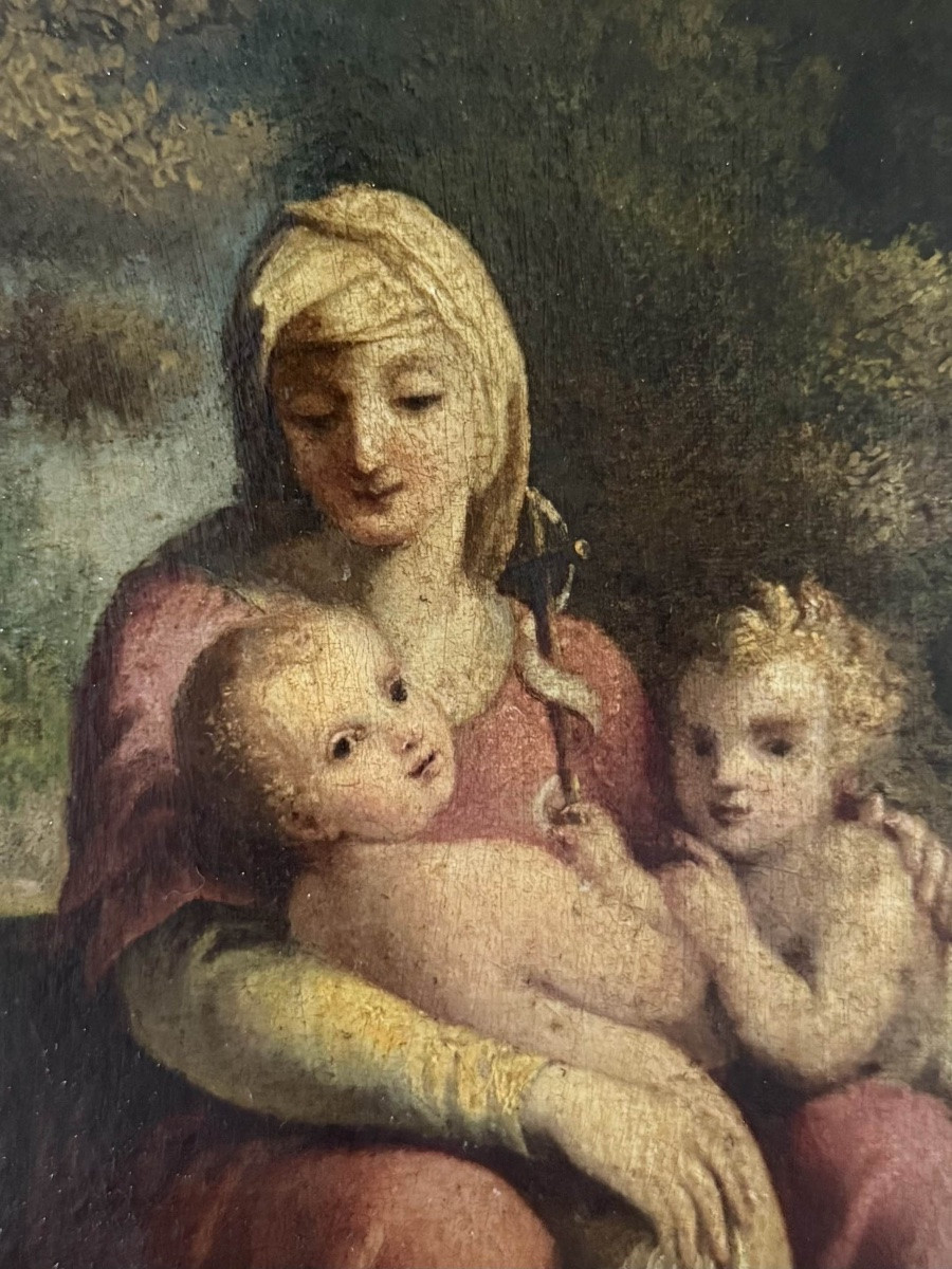 Vierge à l’enfant et Saint Jean, huile sur carton marouflé sur bois - École italienne, XVIIIe-photo-4