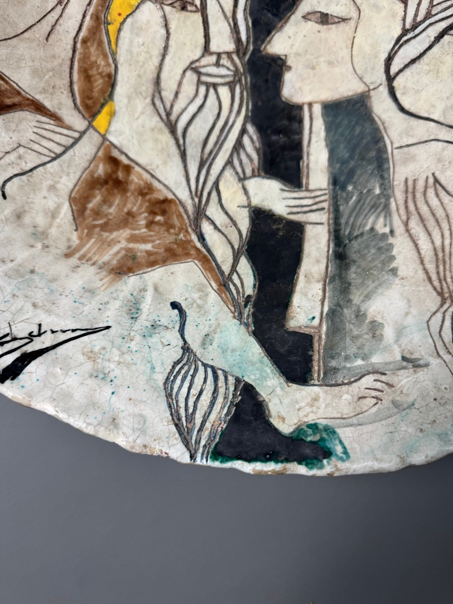 Large Plate With Painted And Engraved Figures - Elio Schiavon - 1960-photo-4