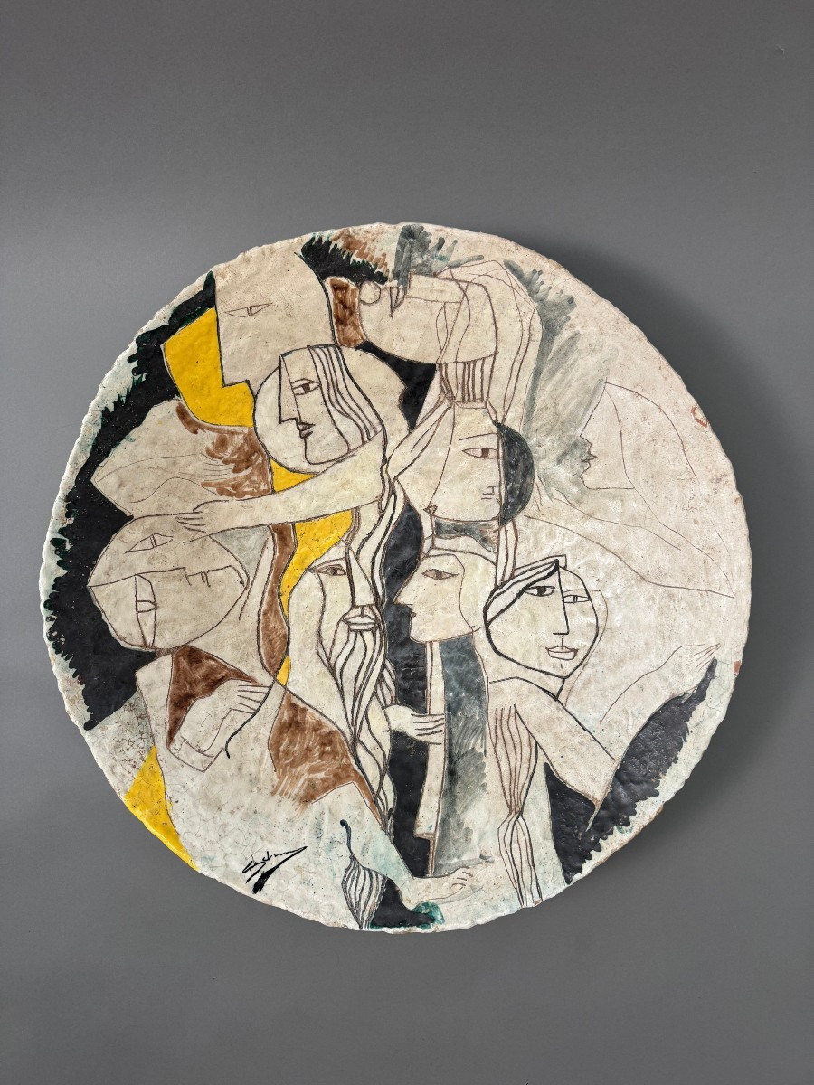 Large Plate With Painted And Engraved Figures - Elio Schiavon - 1960
