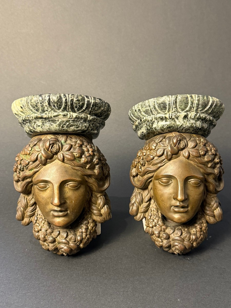 Pair Of Decorative Brackets In Bronze And Verde Alpi Marble - First Half Of The 19th Century-photo-2