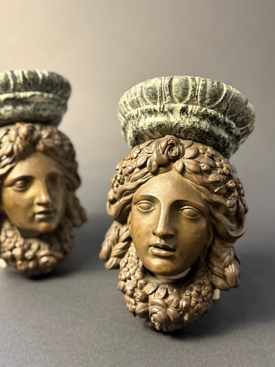 Pair Of Decorative Brackets In Bronze And Verde Alpi Marble - First Half Of The 19th Century-photo-4