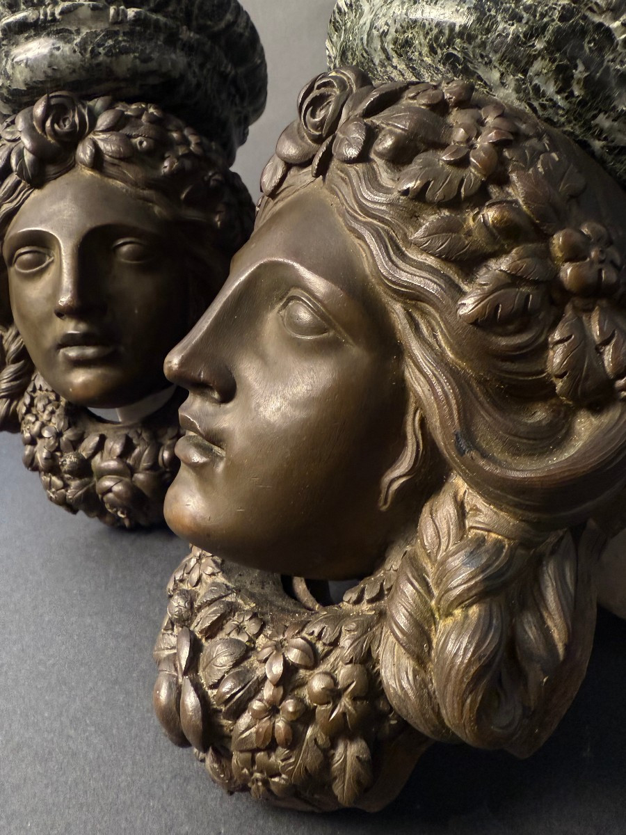 Pair Of Decorative Brackets In Bronze And Verde Alpi Marble - First Half Of The 19th Century-photo-2