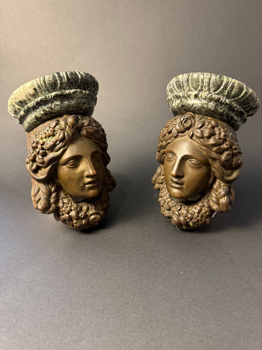 Pair Of Decorative Brackets In Bronze And Verde Alpi Marble - First Half Of The 19th Century-photo-6