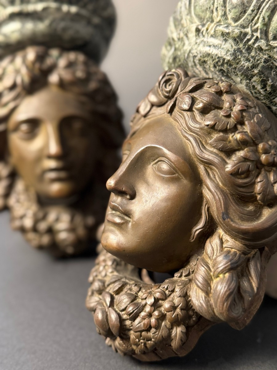Pair Of Decorative Brackets In Bronze And Verde Alpi Marble - First Half Of The 19th Century