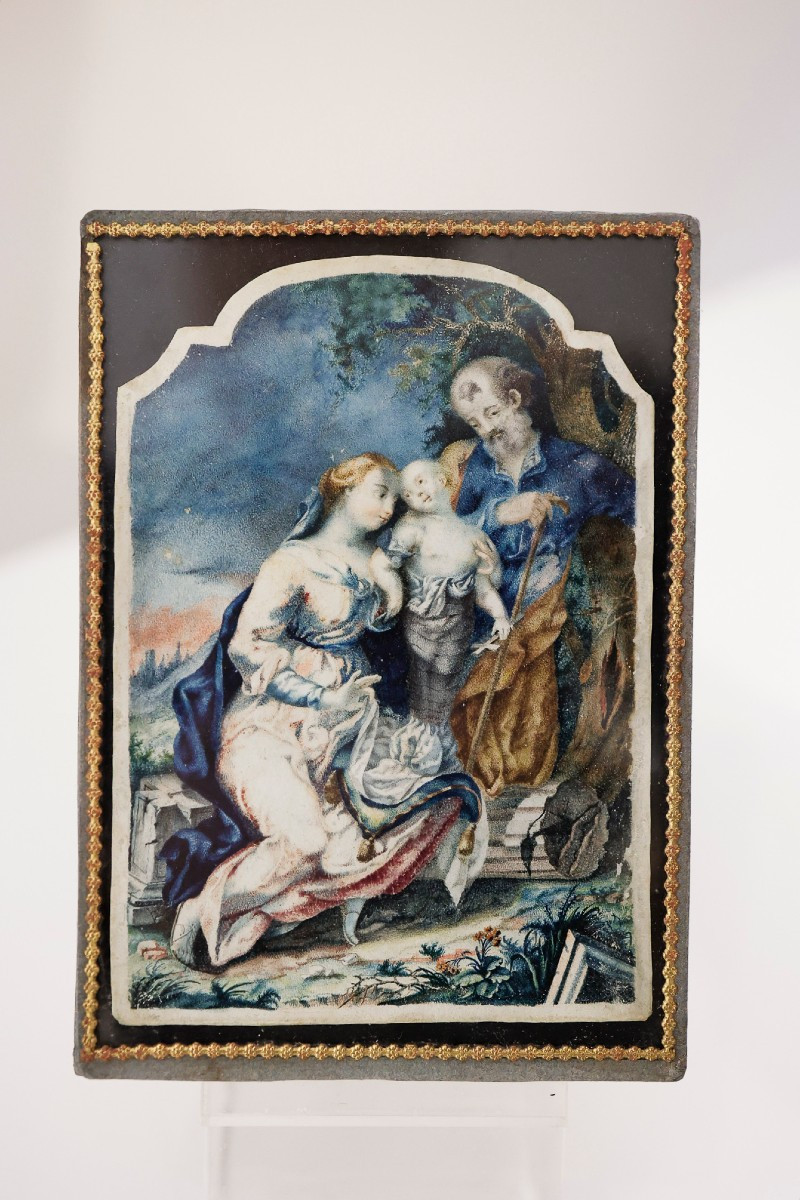 Painting On Parchment Depicting The Holy Family - Central Italy, 17th Century