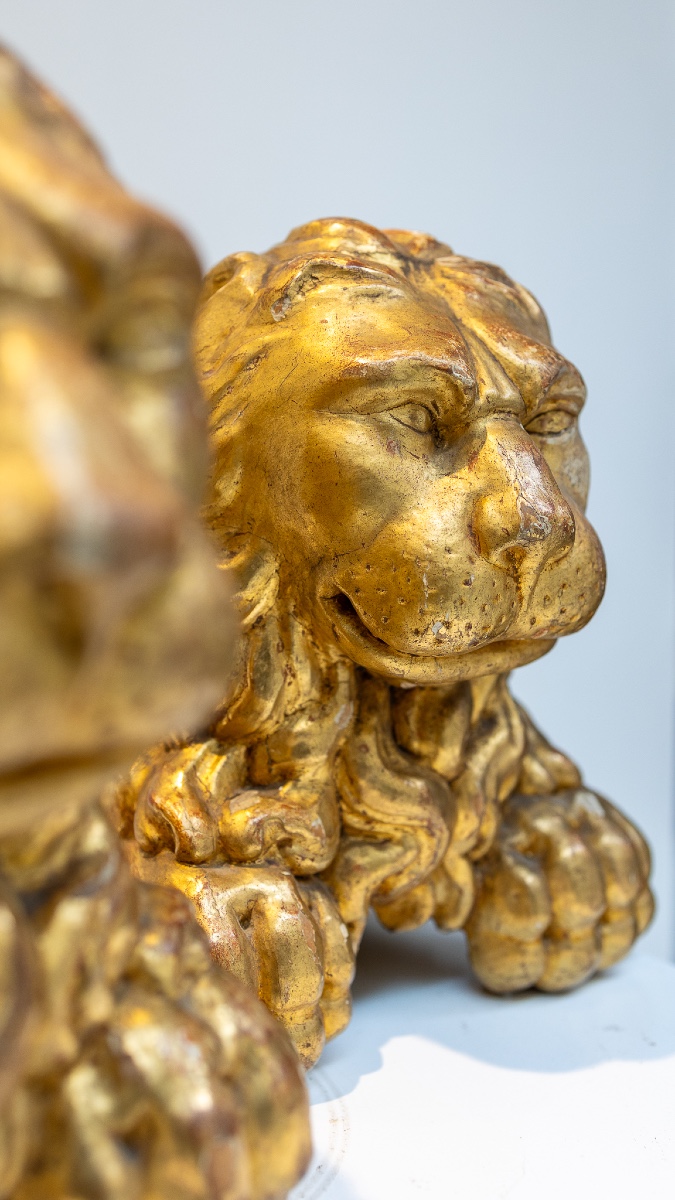 Pair Of Gilded Wooden Lions - Venice, 16th Century-photo-2