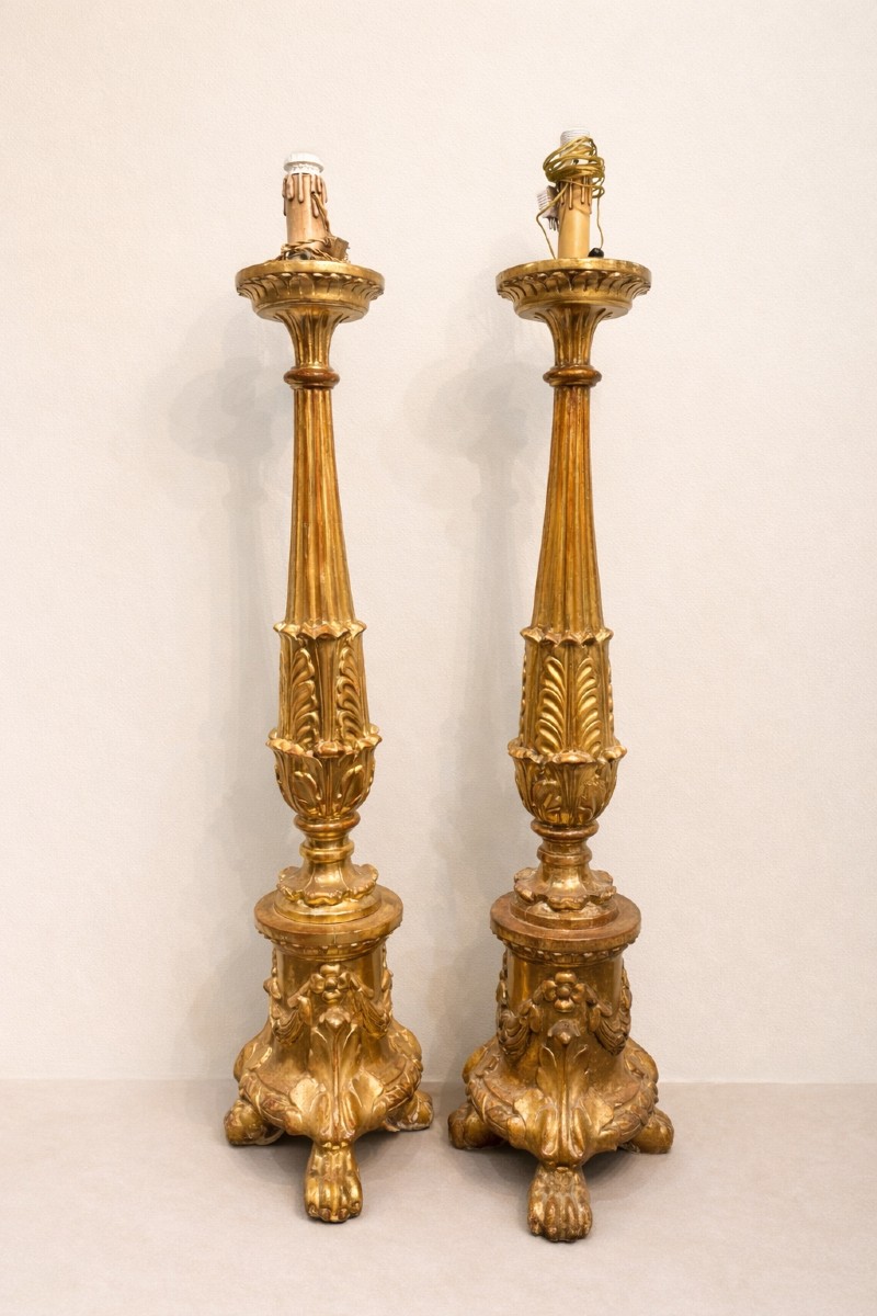 Pair Of Gilded Wooden Candlesticks - Mid-19th Century-photo-4