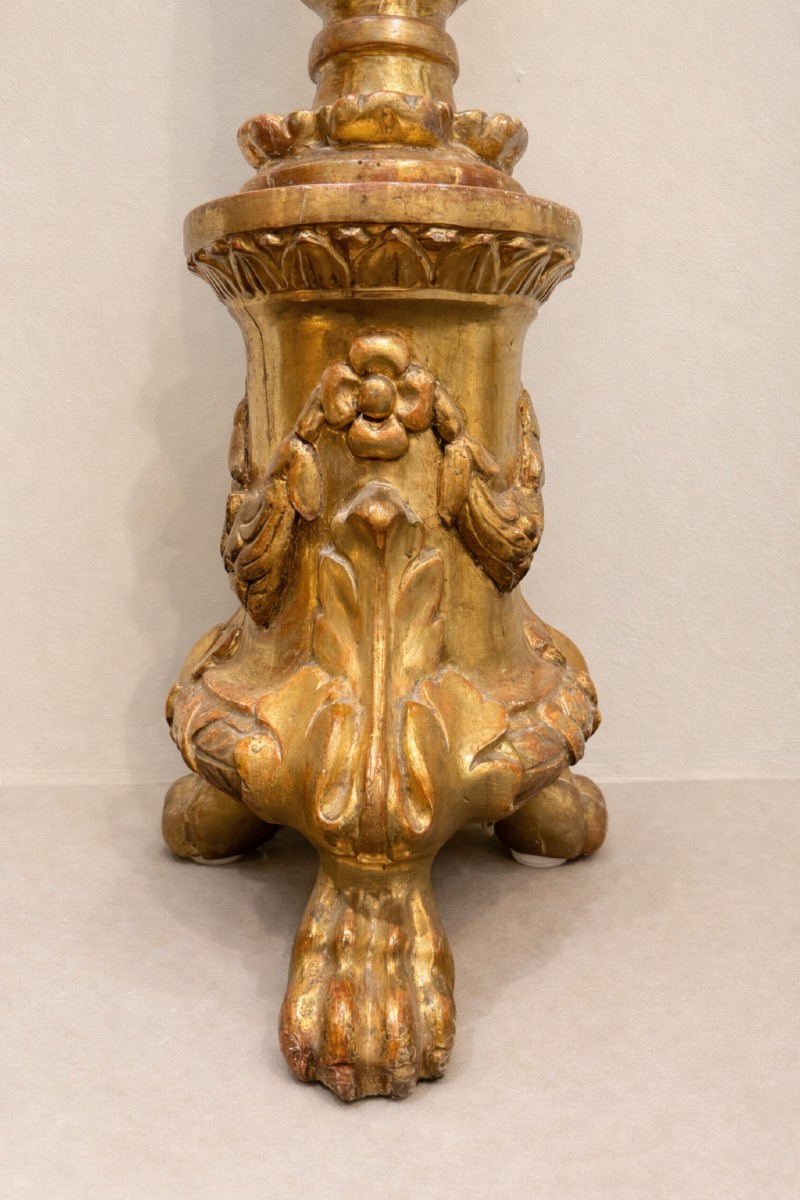 Pair Of Gilded Wooden Candlesticks - Mid-19th Century-photo-2