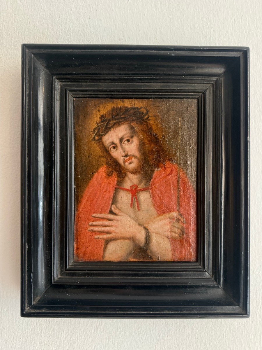 Peinture à l'huile sur panneau représentant l'Ecce Homo - Italie, début du XVIIIe siècle-photo-2
