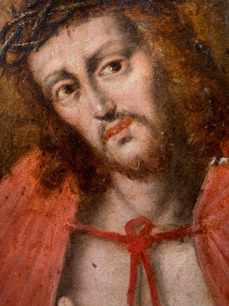 Peinture à l'huile sur panneau représentant l'Ecce Homo - Italie, début du XVIIIe siècle-photo-4