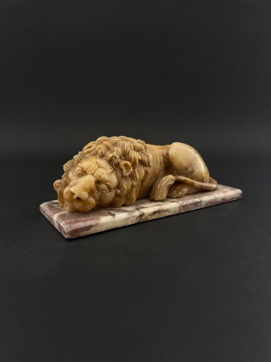 Alabaster Sculpture Depicting A Lion With A Marble Base—18th Century. Tuscany-photo-2