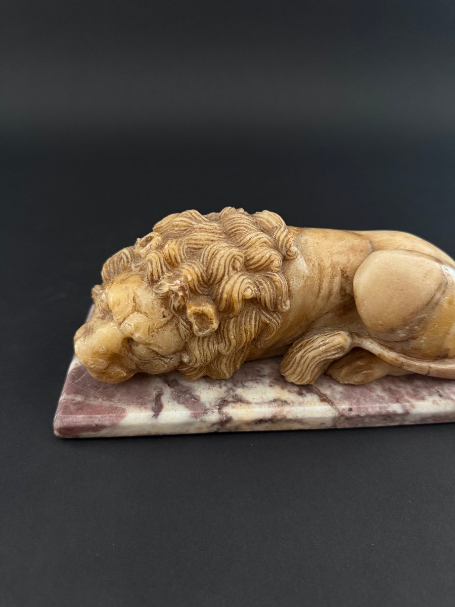 Alabaster Sculpture Depicting A Lion With A Marble Base—18th Century. Tuscany-photo-3