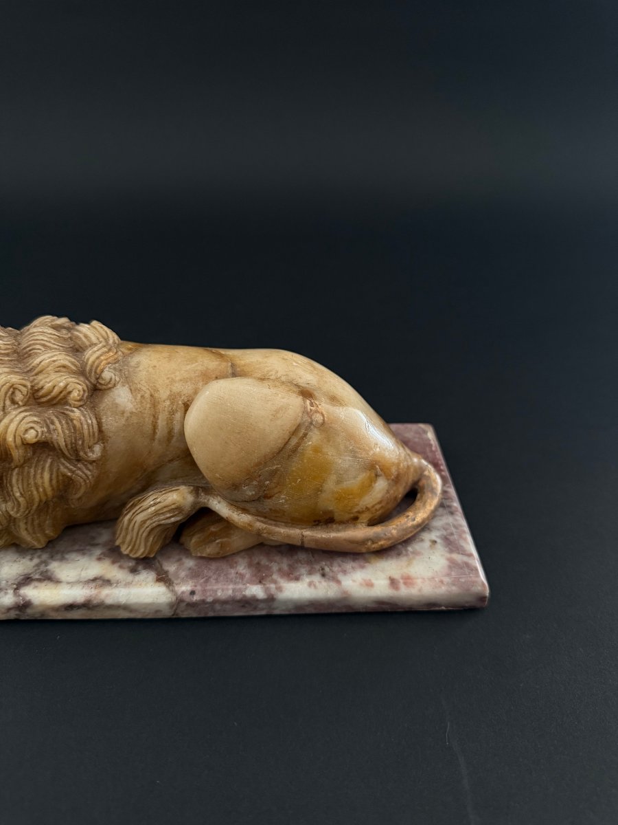 Alabaster Sculpture Depicting A Lion With A Marble Base—18th Century. Tuscany-photo-4