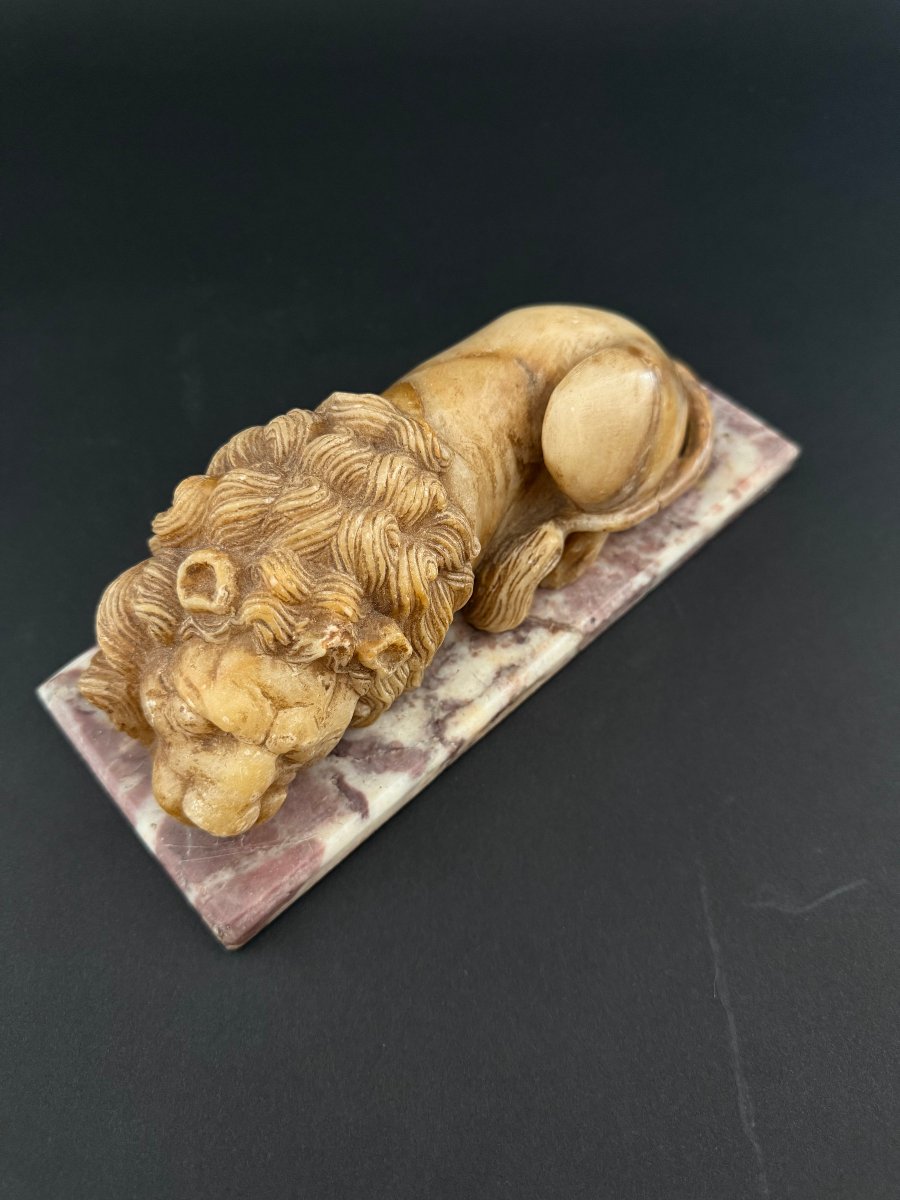 Alabaster Sculpture Depicting A Lion With A Marble Base—18th Century. Tuscany-photo-3