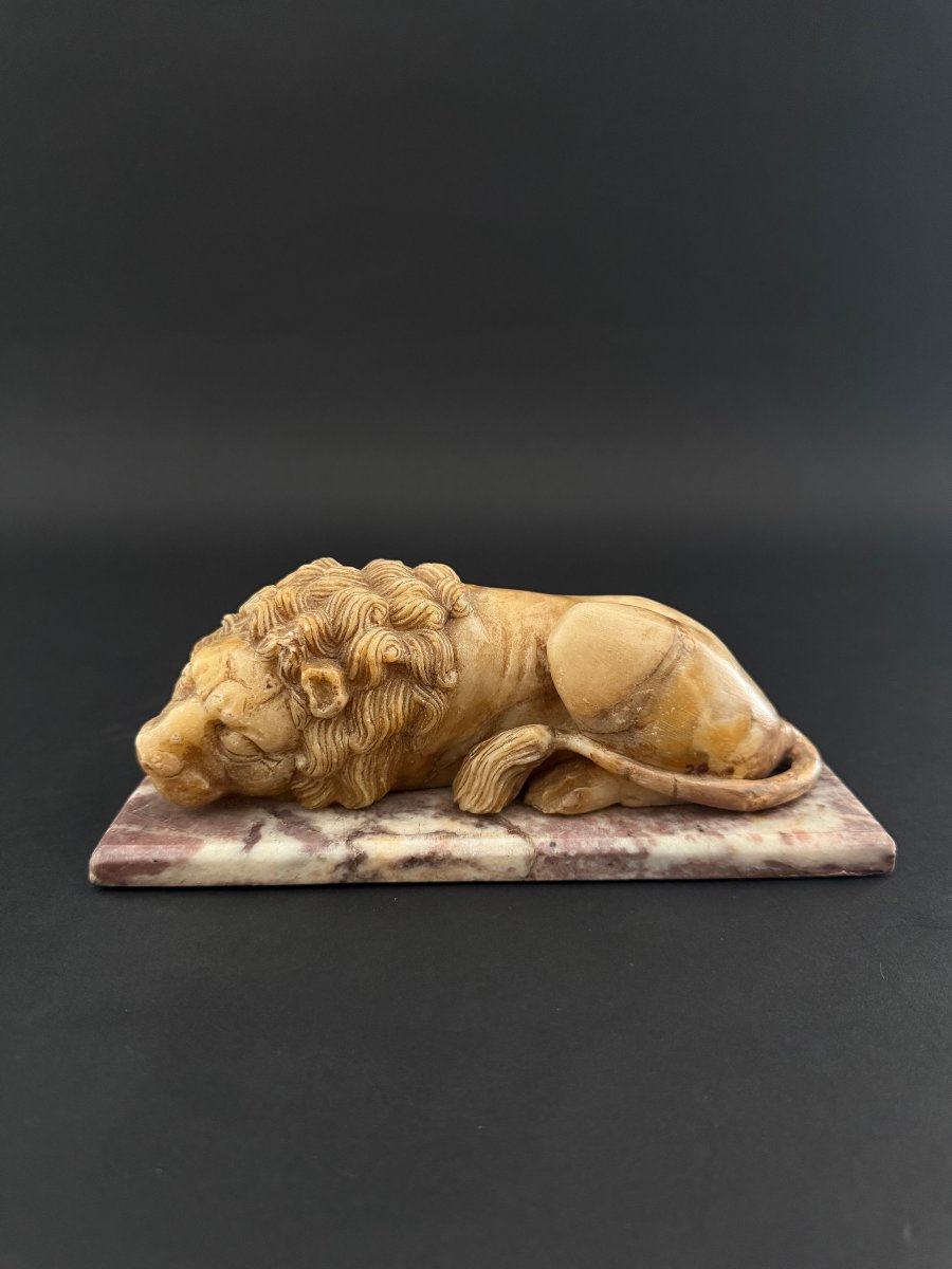 Alabaster Sculpture Depicting A Lion With A Marble Base—18th Century. Tuscany-photo-4