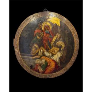 Oil Painting On Wood From The 18th Century. Depicting The Lament Over The Dead Christ.