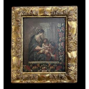 Peinture sur cuivre du XVIe siècle. représentant la Vierge à l'Enfant et San Lorenzo
